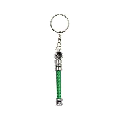 Mini keychain pipe smoking accessory in a cylinder hammer-like shape vibrant Green stainless steel both ends with keyring