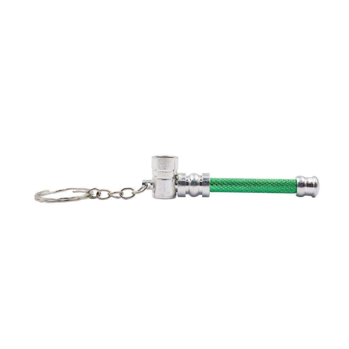 Horizontal Mini keychain pipe in a cylinder hammer-like shape vibrant Silver stainless steel both ends with keyring