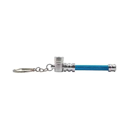 Horizontal Mini keychain pipe smoking accessory in a cylinder hammer-like shape vibrant Teal stainless steel both ends with keyring