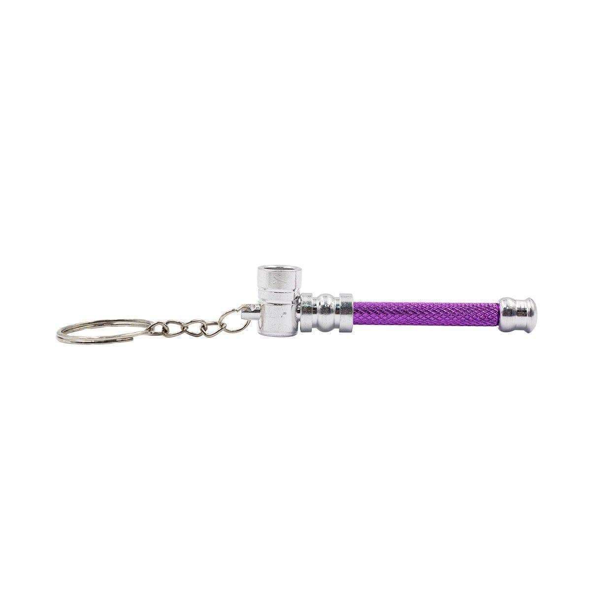 Mini keychain pipe in a cylinder hammer-like shape vibrant Purple stainless steel both ends with keyring