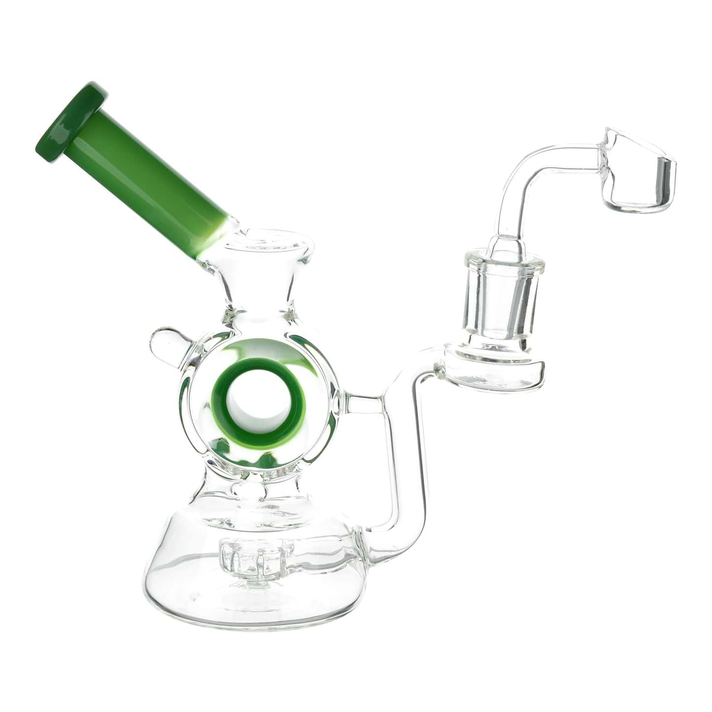 Full shot of 6-inch clear glass bong with donut perc green accent and green mouthpiece on left banger on right