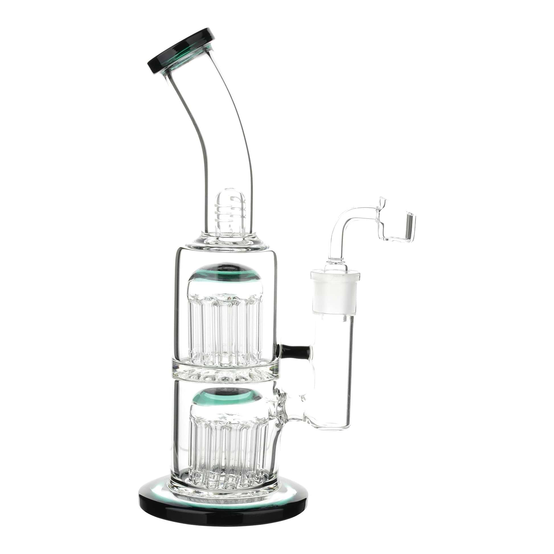 Full frontal shot of 11-inch glass bong mouthpiece facing left double barrel design perc green and black accents
