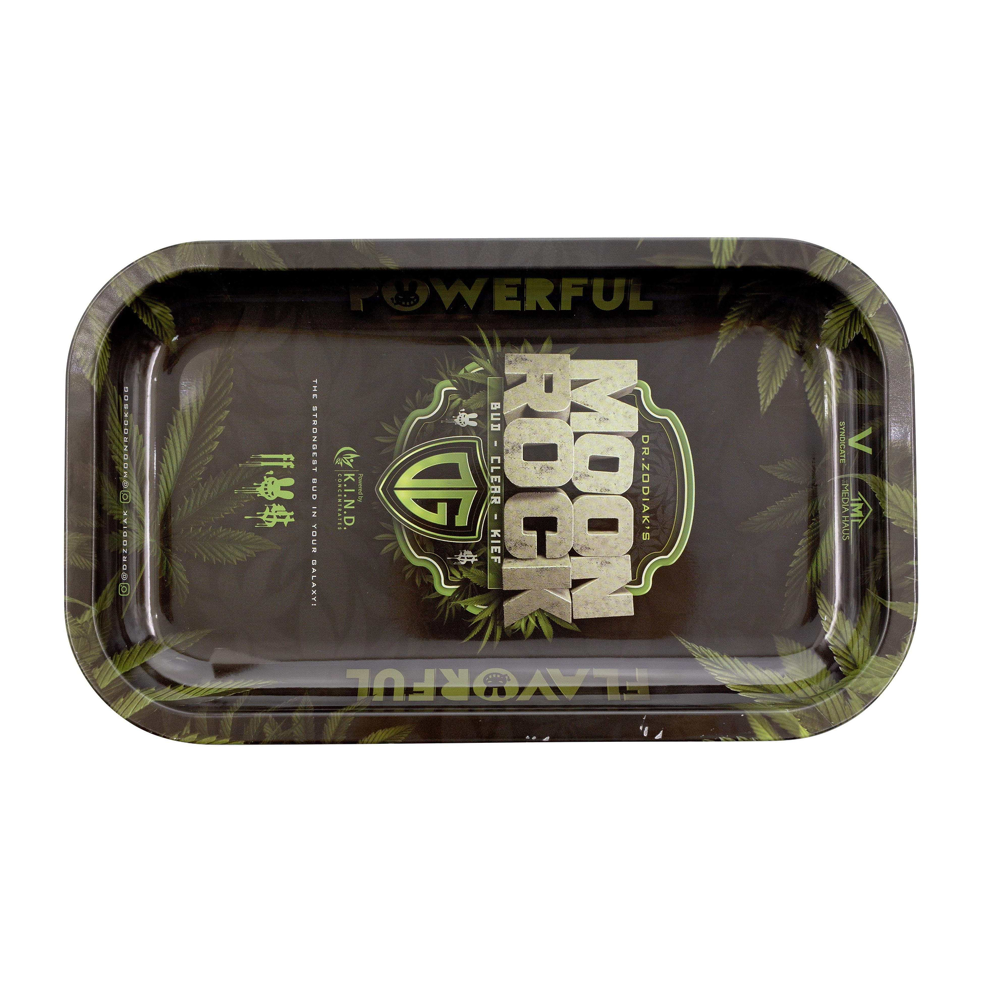 Dr. Zodiak-themed Moon Rock rolling trays with weed leaves and rolling paper cool designs