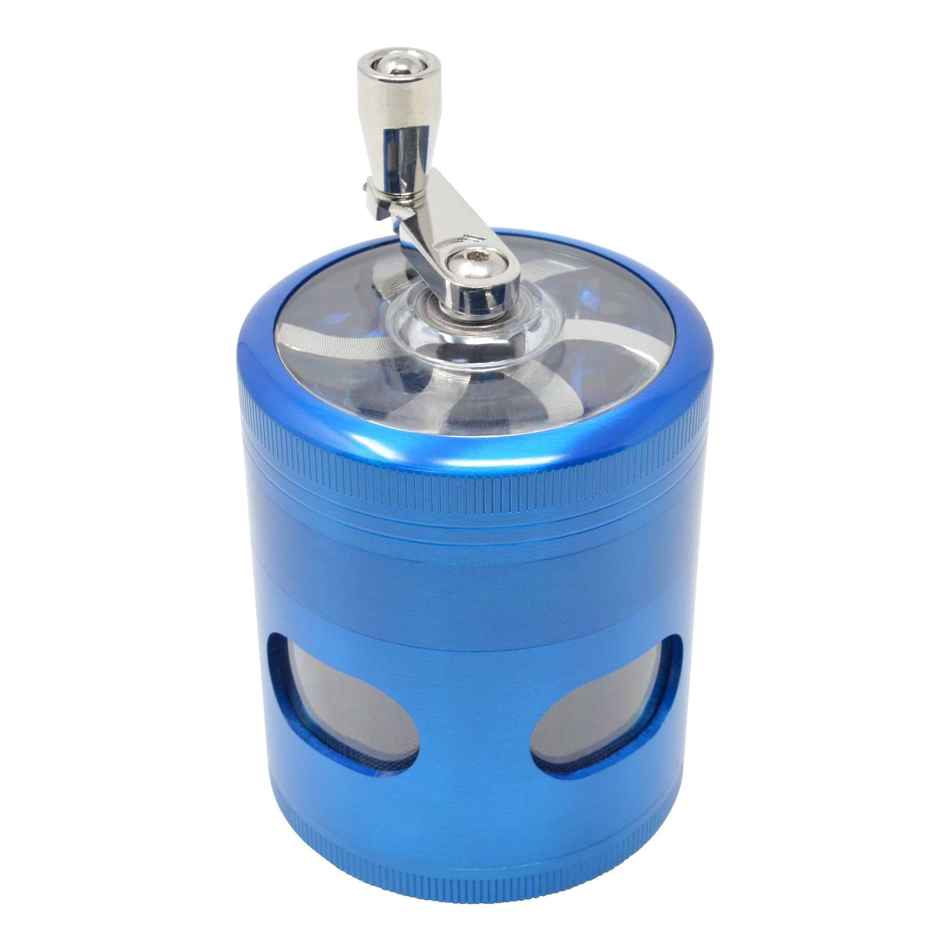 High angle shot of shiny blue 56mm dubs grinder smoking accessory with hand crank mechanical sharpener look