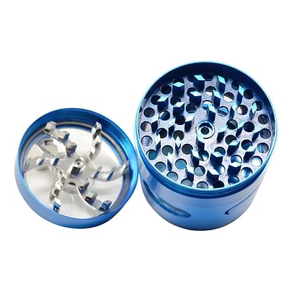 Top shot of the scraper and lid of shiny blue 56mm dubs grinder smoking accessory with industrial look