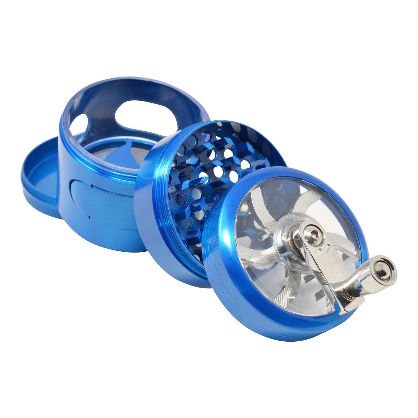 Full shot of the 4-piece shiny blue 56mm dubs grinder smoking accessory with hand crank mechanical sharpener look