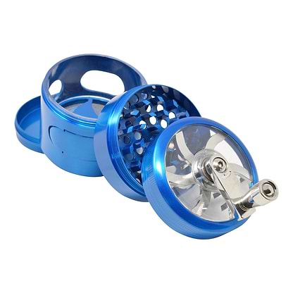 Full shot of the 4-piece shiny blue 56mm dubs grinder smoking accessory with hand crank mechanical sharpener look