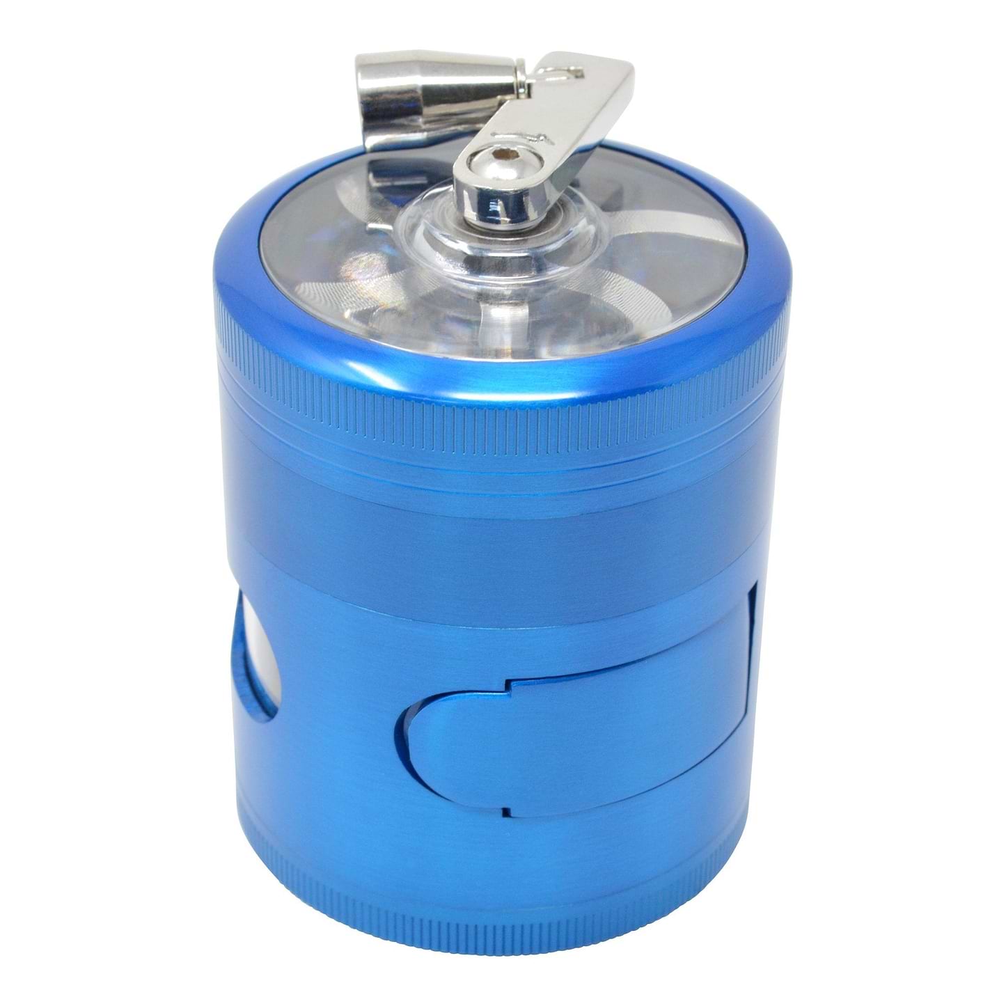 Full front shot of blue 56mm dub grinder mechanical sharpener look hand crank on back closed kief catcher opening