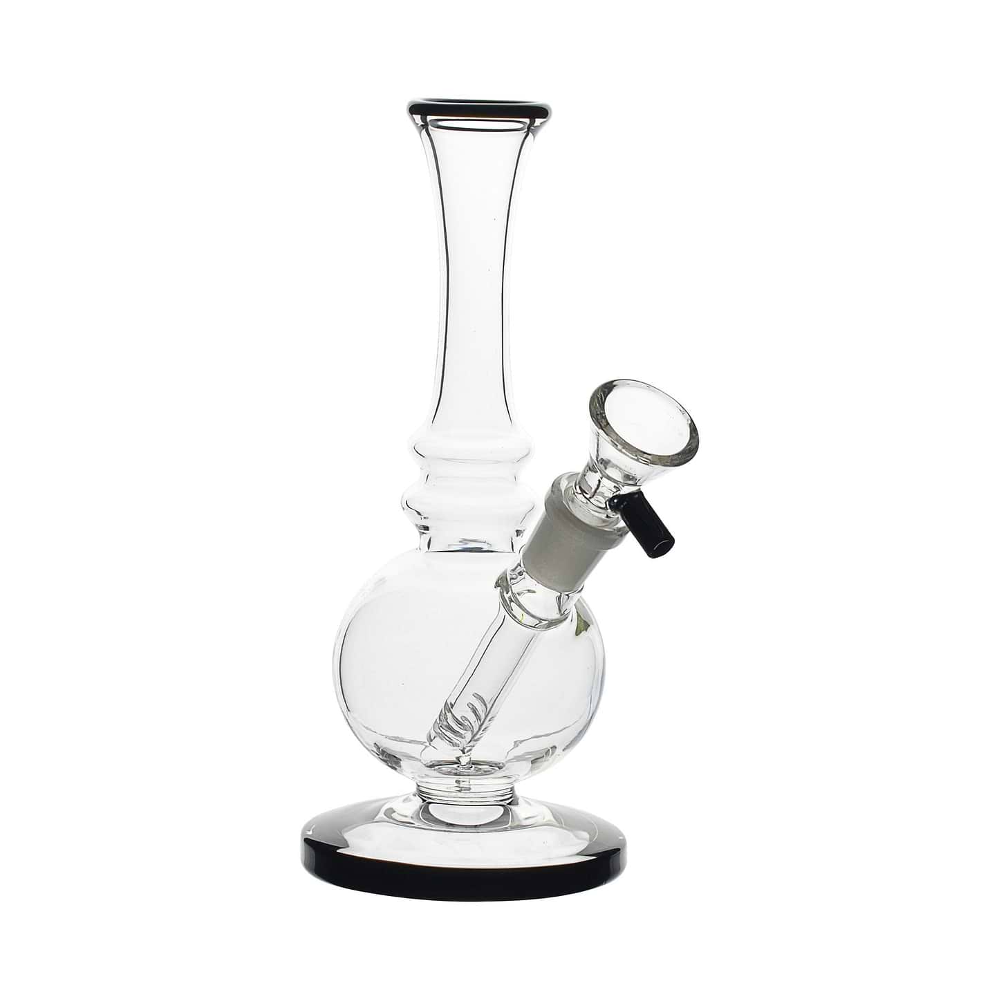 7.5-inch glass bong smoking device with elegant curves slide handle lab or genie-in-a-bottle look black tip and bottom