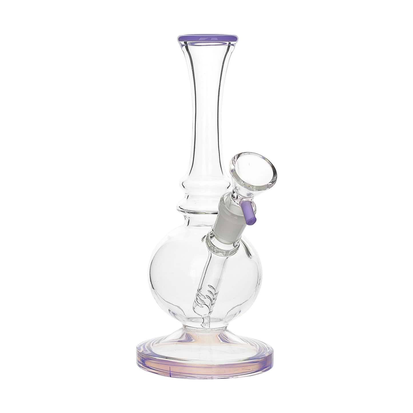 7.5-inch glass bong smoking device with elegant curves slide handle lab or genie-in-a-bottle look purple tip and bottom