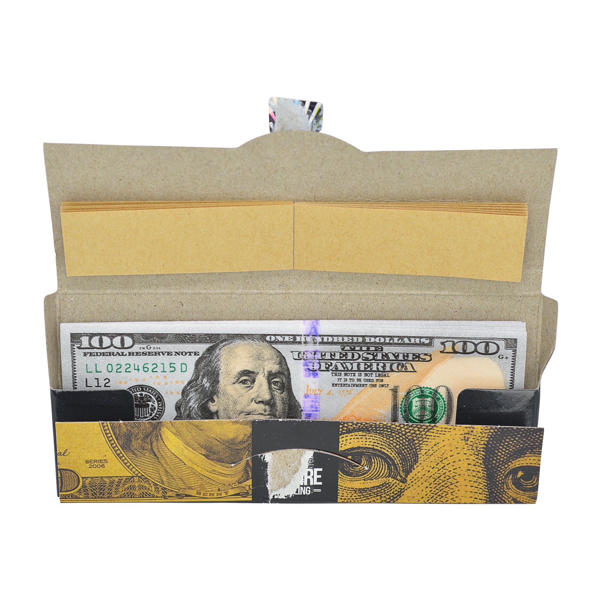 Funny rolling papers smoking accessory looks like $100 Benjamin Franklin bill banknote money designwith cardboard case