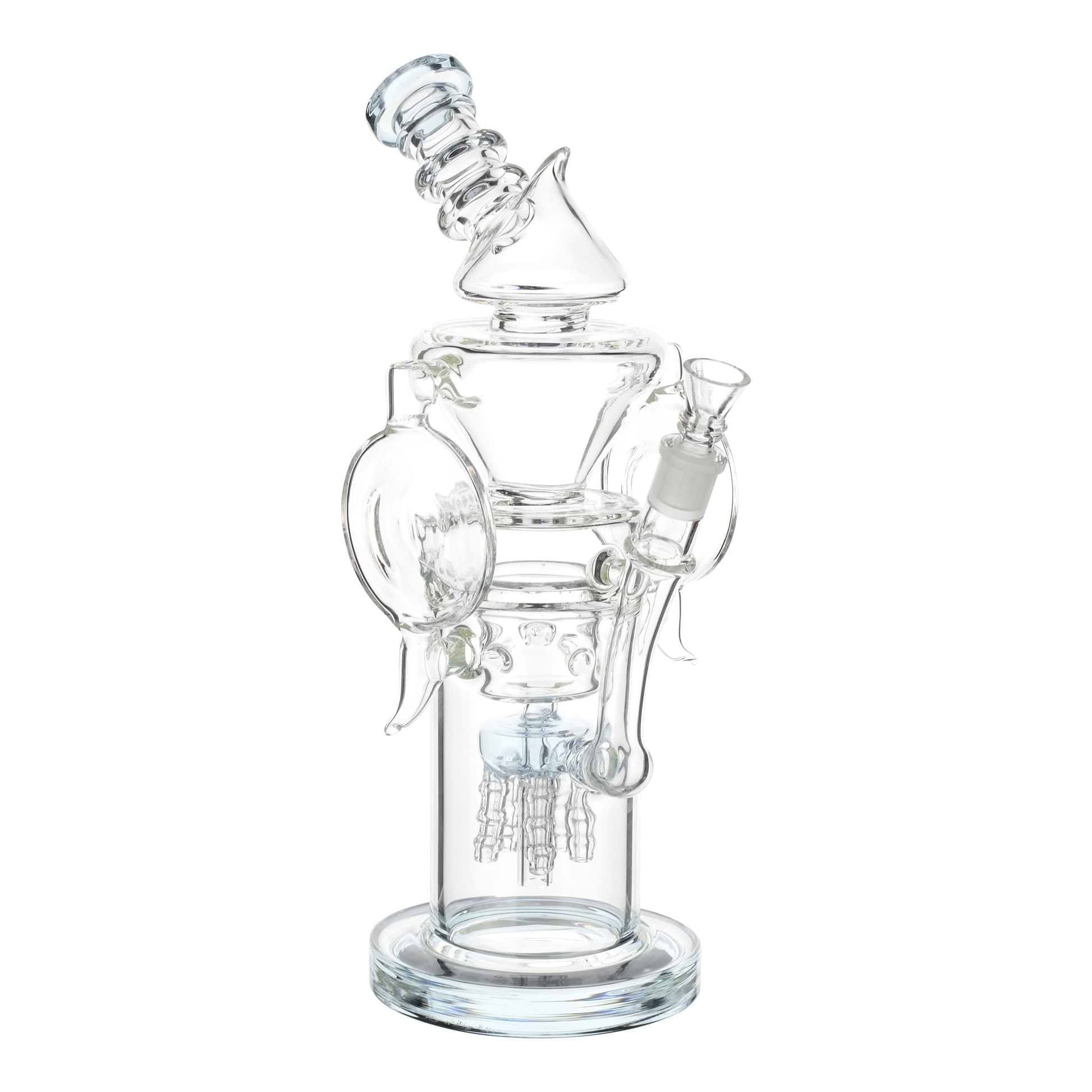 Full shot of crystal clear 13 inch glass bong with light teal perc mouthpiece facing left slightly tilted backwards