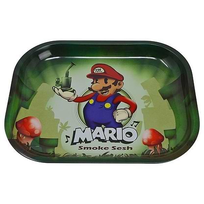 Lightweight rolling tray smoking accessory with 90s Mario holding a bong with mushrooms design