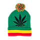 Beanie cap fashion item apparel with a funky weed leaf design in reggae rasta colors with pompom