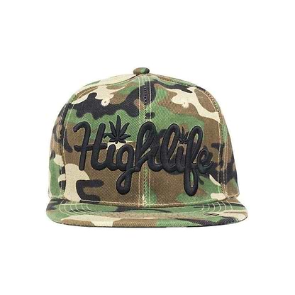 Simple snapback cap fashion item apparel with a 'Highlife' wording and weed leef pot design in Camo colors