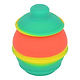High angle front shot of rasta honey pot silicone wax container green, yellow, orange colors honey word in front