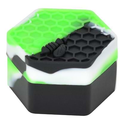 Compact petite small colorful non-stick silicone wax container storage accessory with bee on honeycomb design hexagon shape