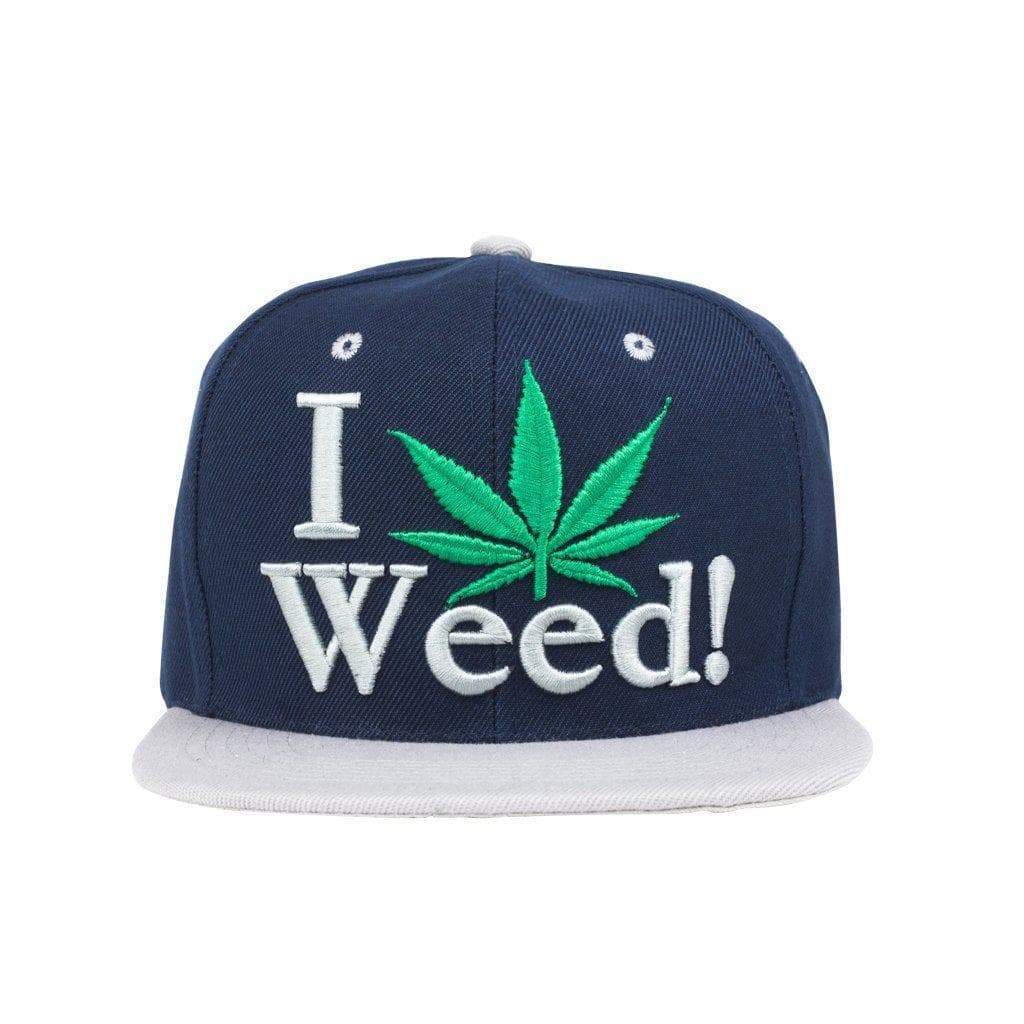 Dope snapback cap fashion item apparel I Love Weed wording beside a weed leef pot design in Navy and Silver
