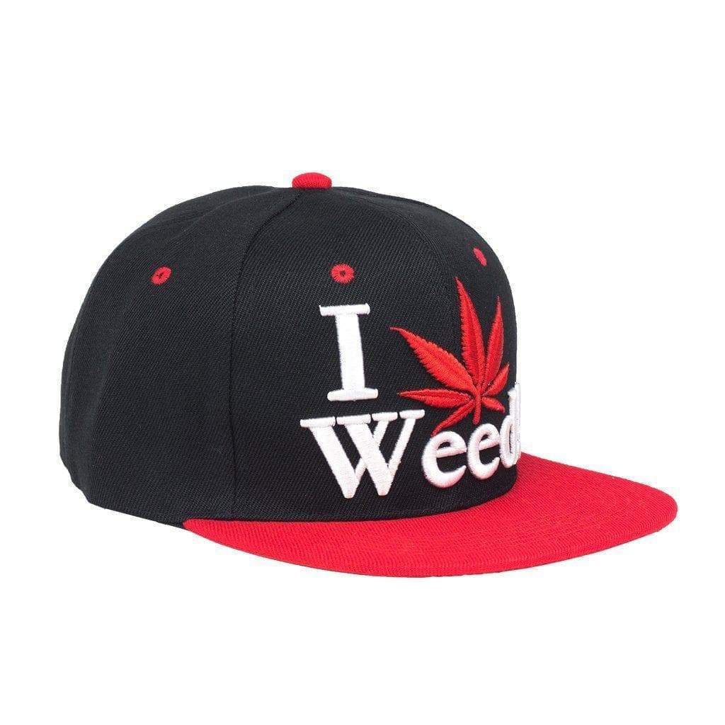 Dope snapback cap fashion item apparel I Love Weed wording beside a weed leef pot design in Black and Red