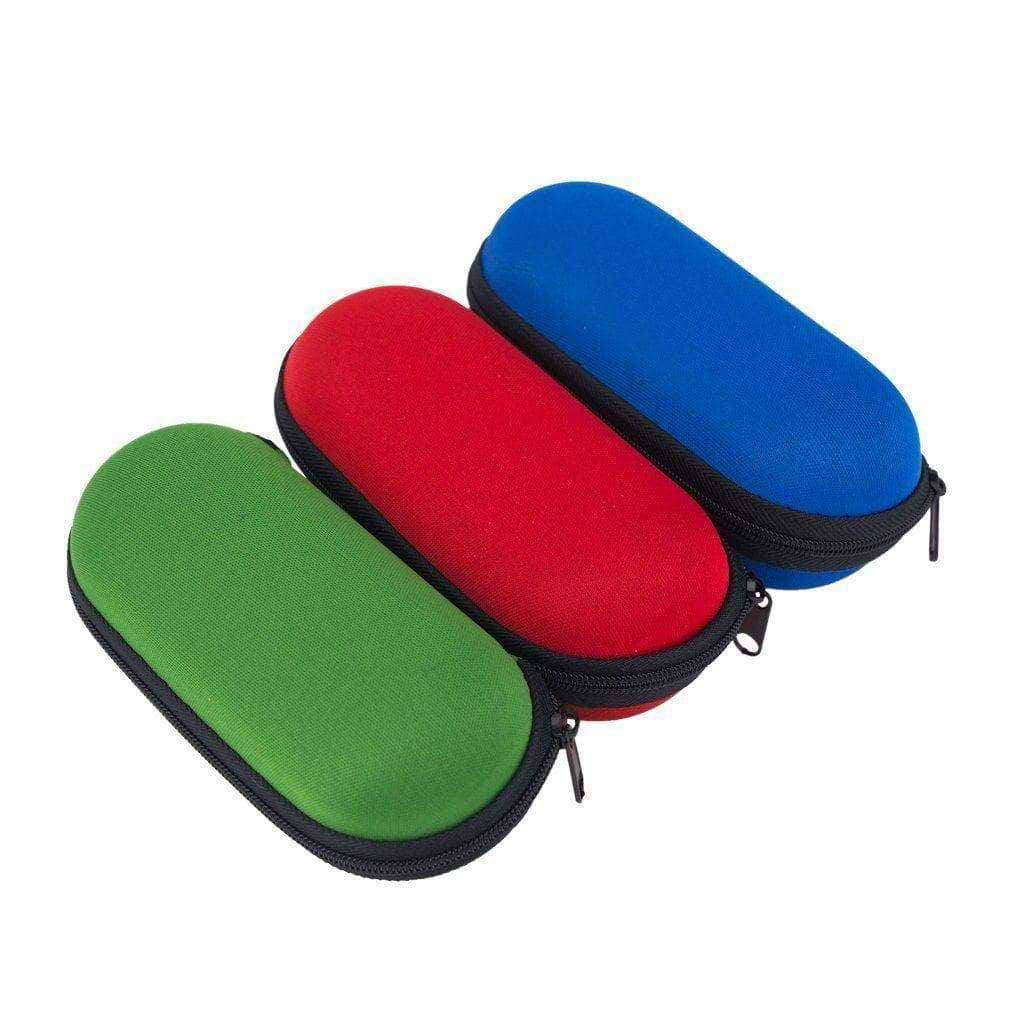 3  functional 6-inch x 2 1/2-inch storage zip pouch for pipes and smoking devices with foam interior in green, red and blue