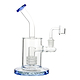Blue 7-inch clear glass dab rig smoking device on a sturdy base with a bent neck and microscope design