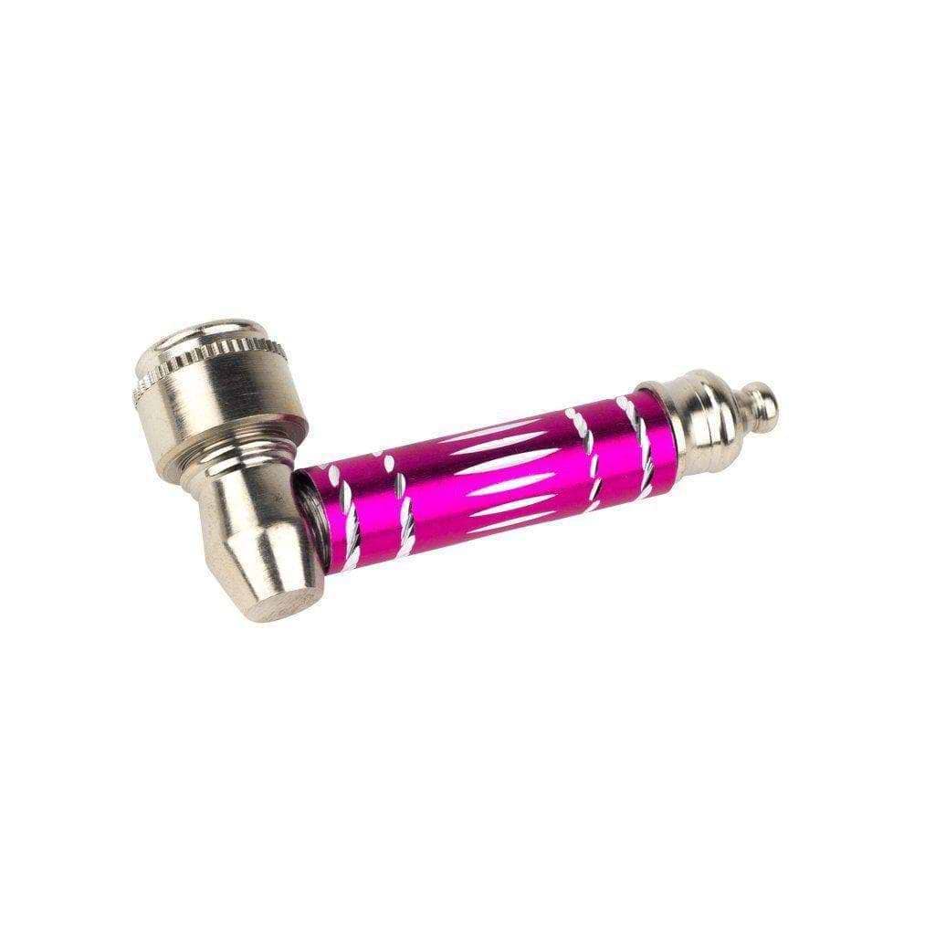 Pink 2-inch compact small hammer-shaped metal hand pipe smoking device twist-off lid grippable engraved stem sleeve metallic