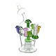 Full shot glass recycler dab rig color mushroom percs mouthpiece facing left backwards bowl on right slightly front