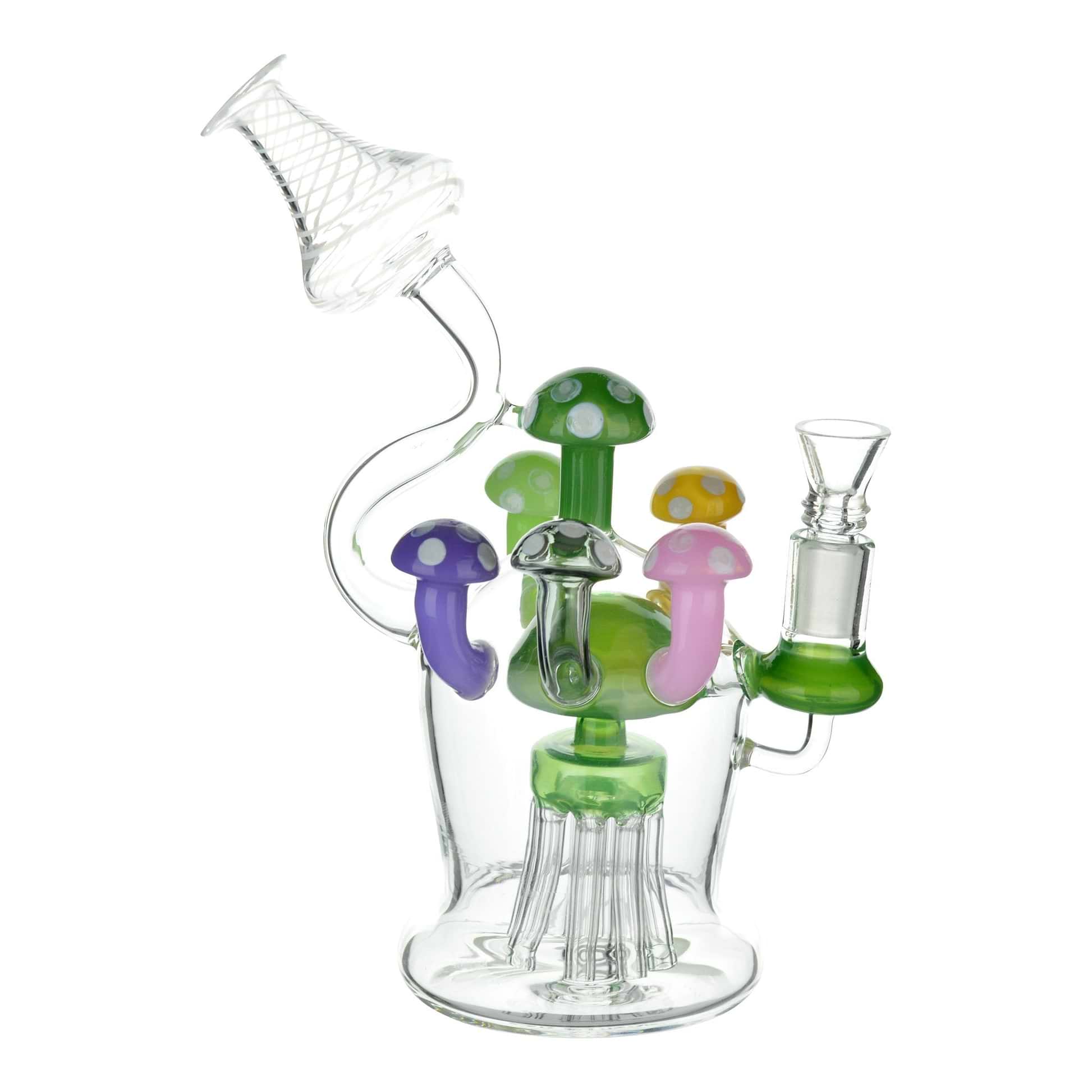 Full shot of glass recycler dab rig with colord mushroom percs mouthpiece facing left bowl on right