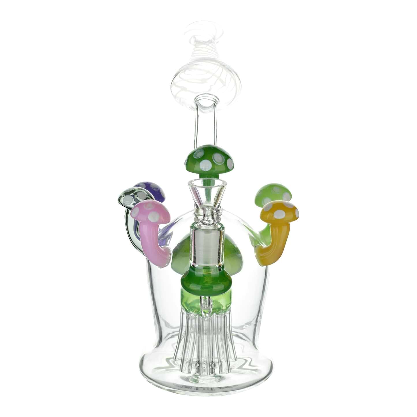 Full shot glass recycler dab rig color mushroom percs mouthpiece facing back bowl in front