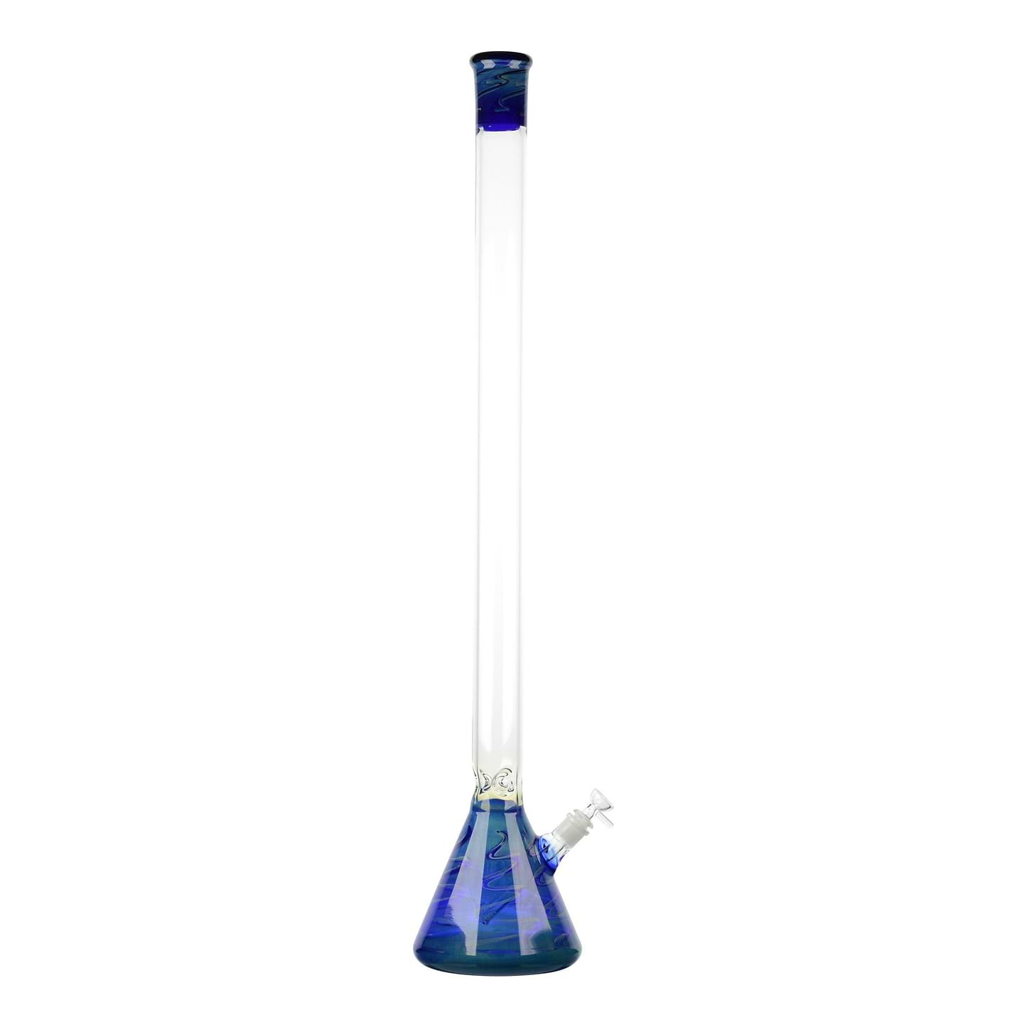 Full shot of huge 32 inch glass straight beaker bong with blue mouthpiece blue base bowl on right
