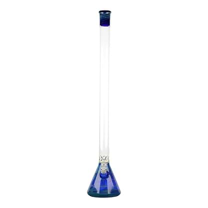Full shot of huge 32 inch glass straight beaker bong with blue mouthpiece blue base bowl in front