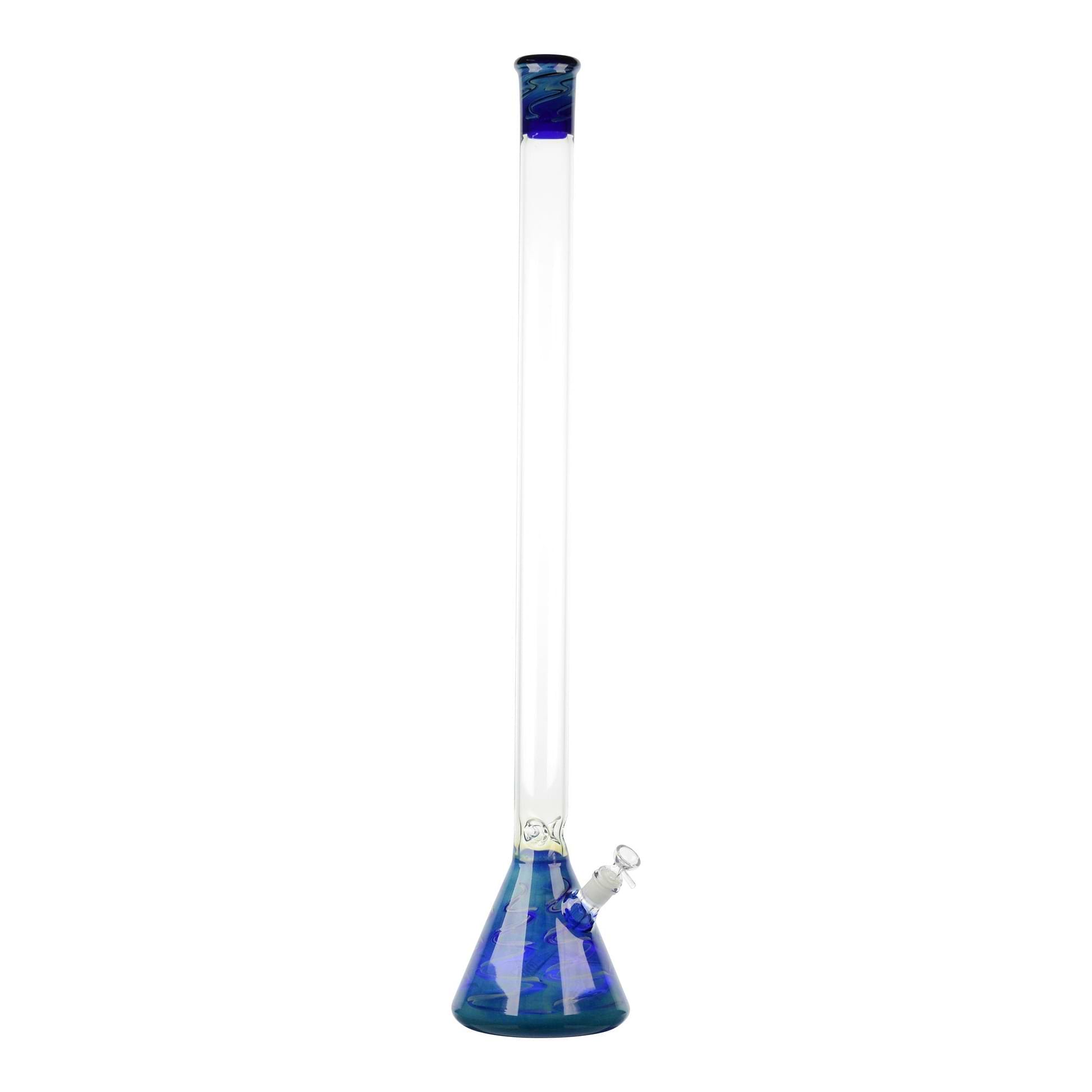 Full shot of huge 32 inch glass beaker bong with blue mouthpiece blue base bowl on right opening slightly visible