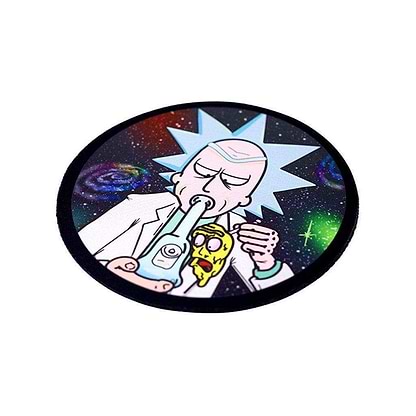 Cool round cartoon-inspired bong coaster smoking accessory with Rick smoking on a bong in outer space design