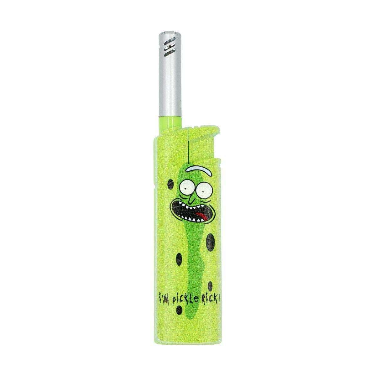 Compact classic shape torch lighter smoking device accessory with Pickle Rick character design