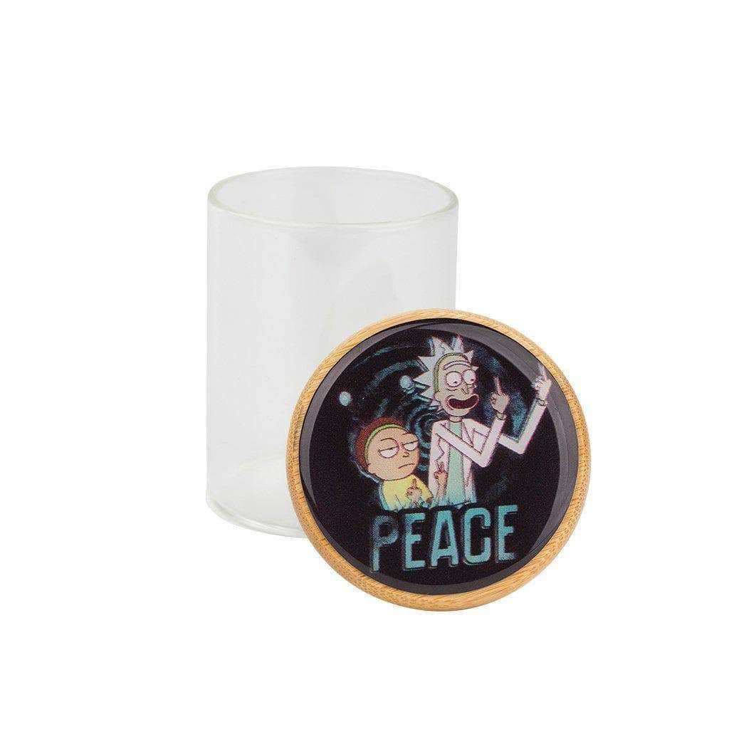 Frosted glass stash jar storage container smoking accessory secure wooden lid RnM characters Rick and Morty Peace