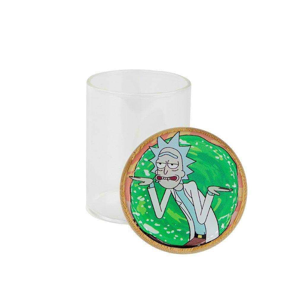 Frosted glass stash jar storage container smoking accessory secure wooden lid RnM characters Rick and Morty Shwifty