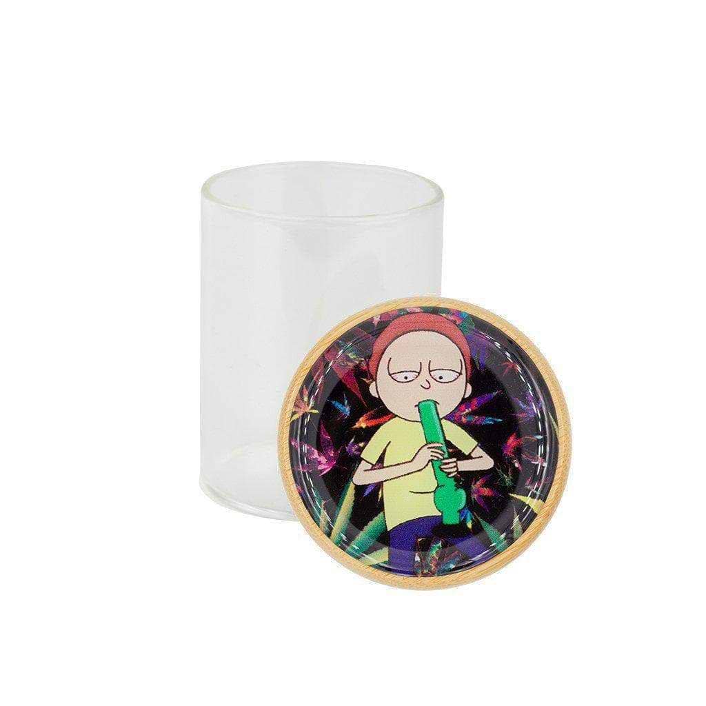 Frosted glass stash jar storage container smoking accessory secure wooden lid RnM characters Rick and Morty Morty's Bong