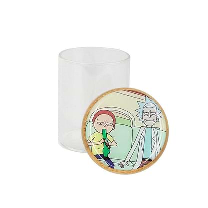 Frosted glass stash jar storage container smoking accessory secure wooden lid RnM characters Rick and Morty smoking weed