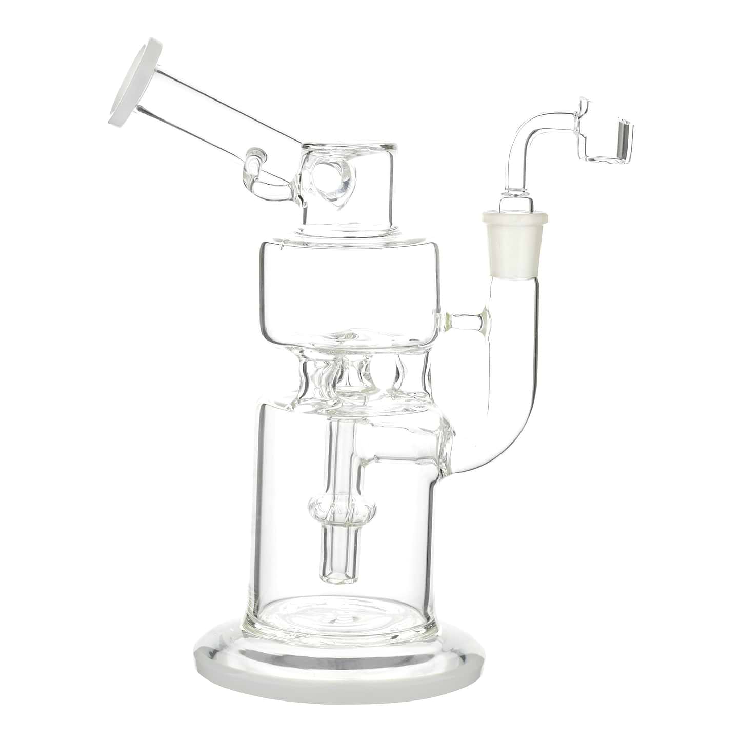 Full front shot of 9 inch crystal clear dab rig with mouthpiece on left banger on right sturdy base