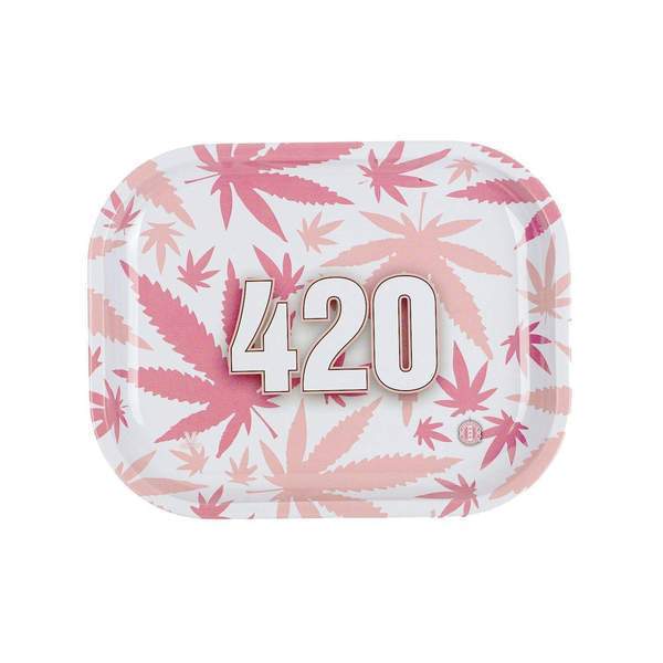 Pink mini rolling tray smoking accessory with cute pink weed leaf design and 420 numbers in the middle
