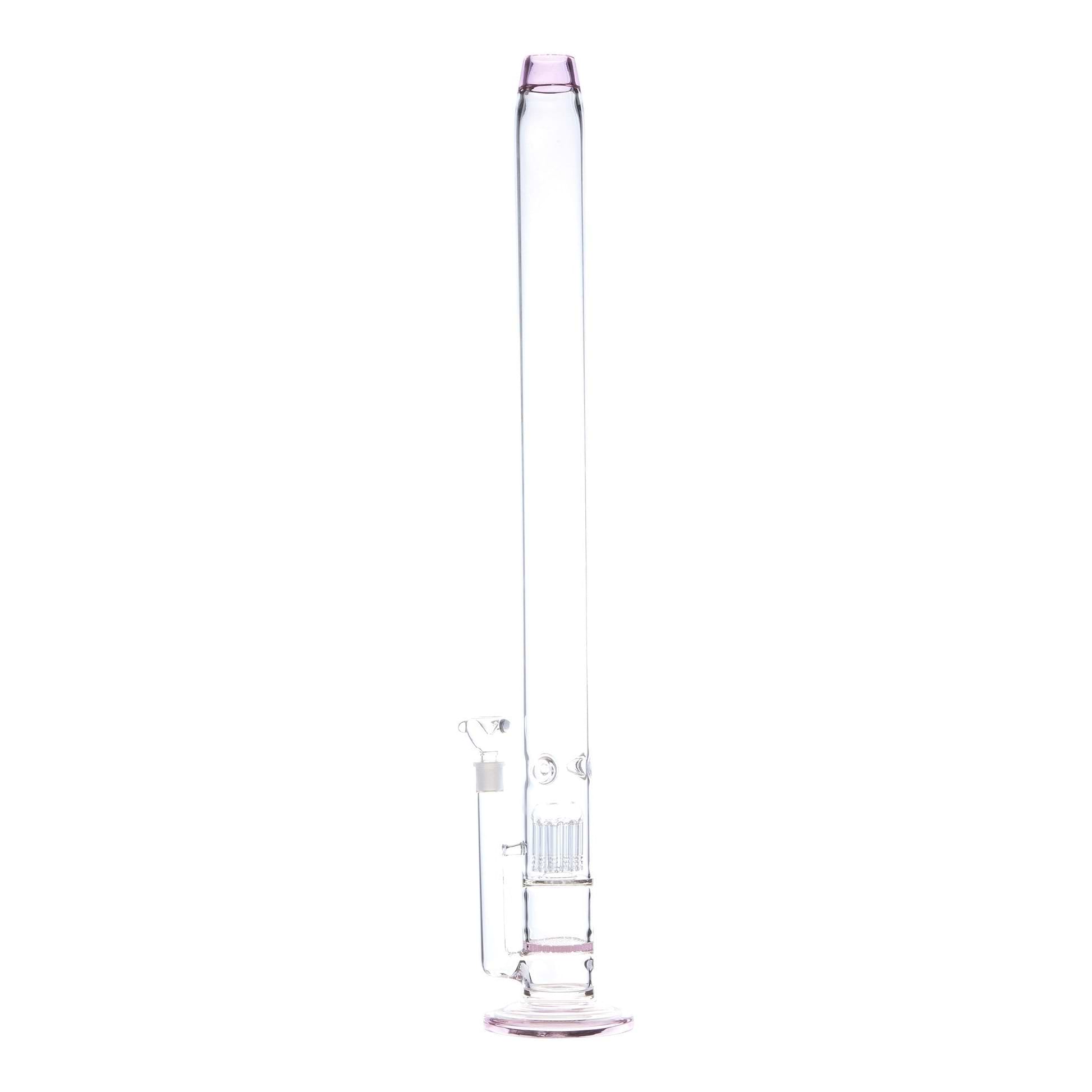Full shot of straight glass bong smoking device with pink accents and bowl on left