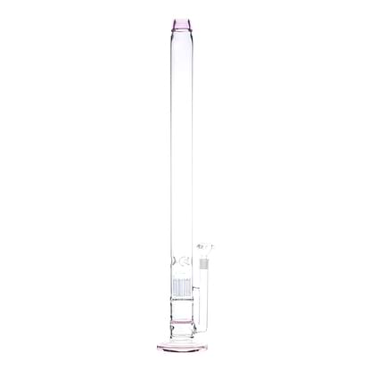 Full shot of straight glass bong smoking device with pink accents and bowl on right