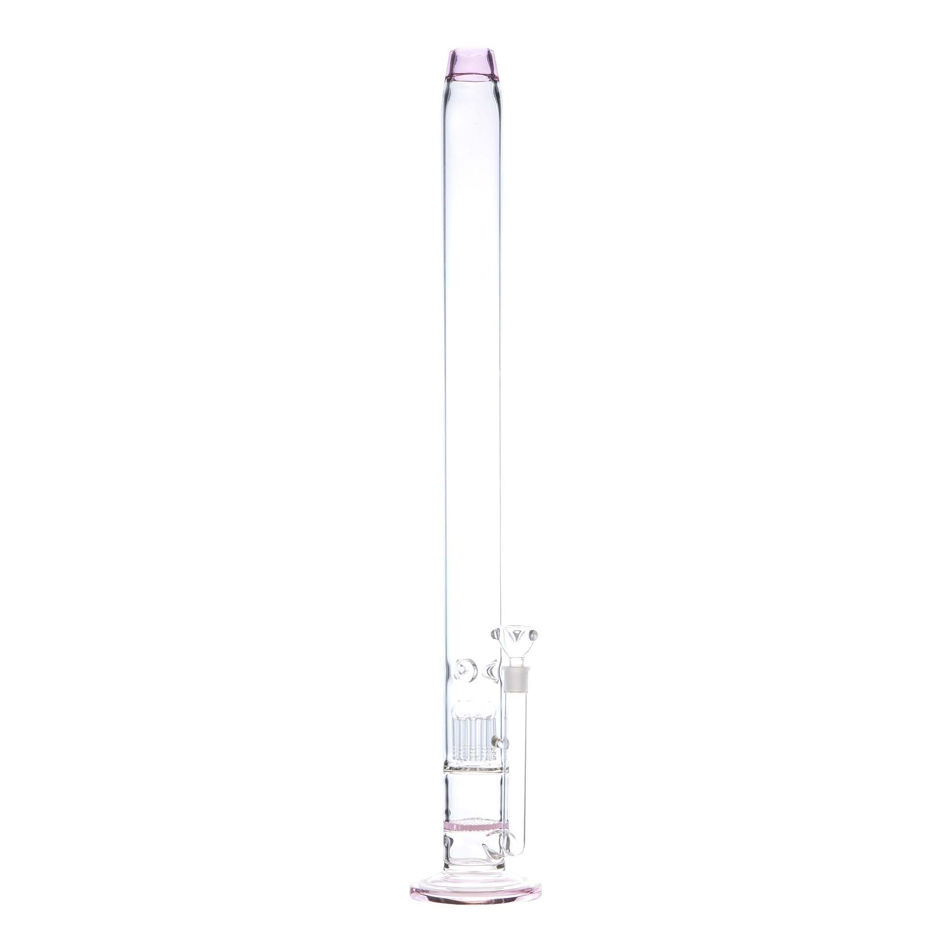 Full shot of straight glass bong smoking device with pink accents and bowl on right slightly in front