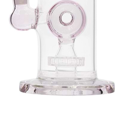 close up 10-inch glass bong smoking device 360-degree disk percolator elegant twisting design subtle pink color