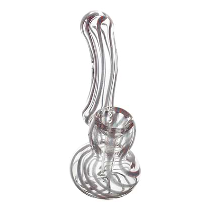 Full shot of 4-inch sherlock stemmed glass mini bubbler with plaid swirls in red and blue colors bowl in front