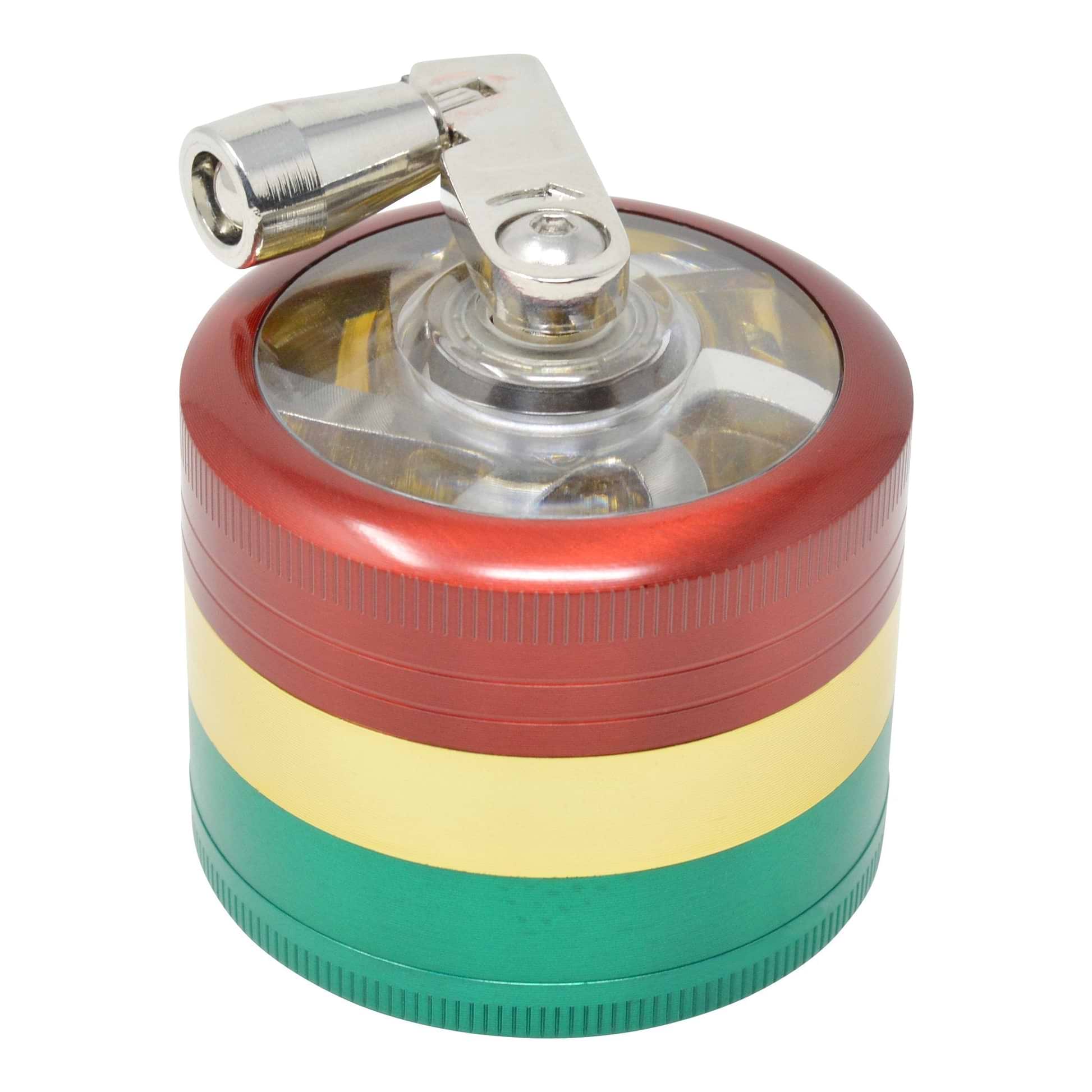 High angle close up shot of closed rasta dub grinder in red, yellow and green colors with hand crank on left
