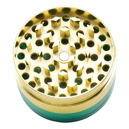 Full shot of the yellow scraper of 4-piece rasta themed opened 48mm grinder with green chamber