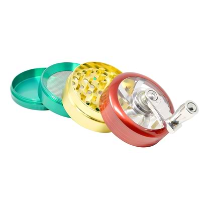 Full shot of opened 4 piece rasta themed 48mm grinder green, yellow and red lid with hand crank on right