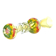 Full shot of rasta-themed glass oney smoking device in red, yellow and green color swirls mouthpiece slightly right