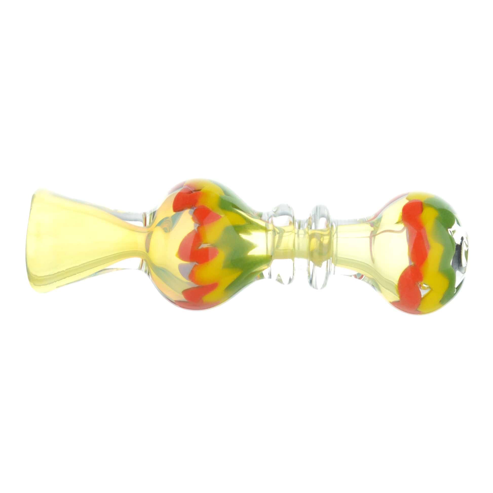 Full shot of rasta-themed glass oney smoking device in red, yellow and green color swirls mouthpiece on left